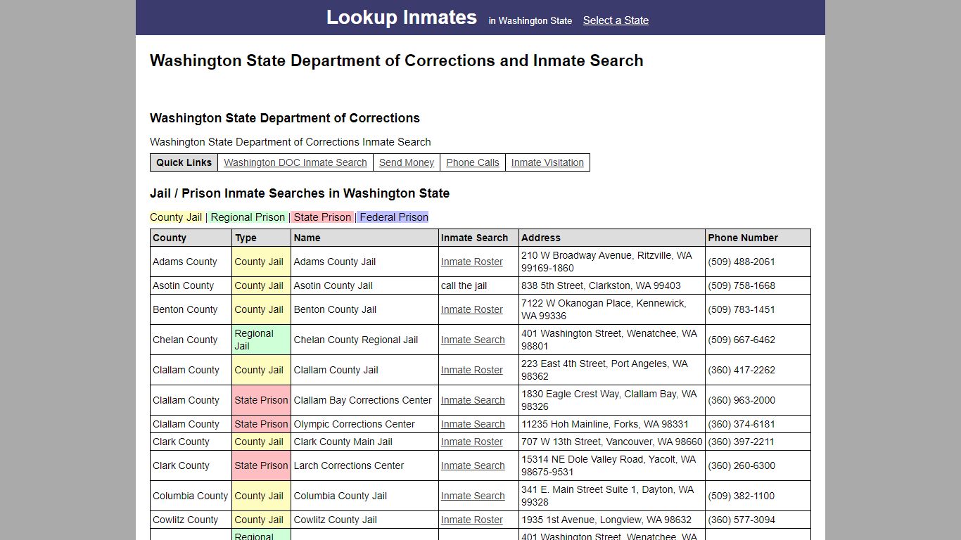 Washington State Department of Corrections and Inmate Search